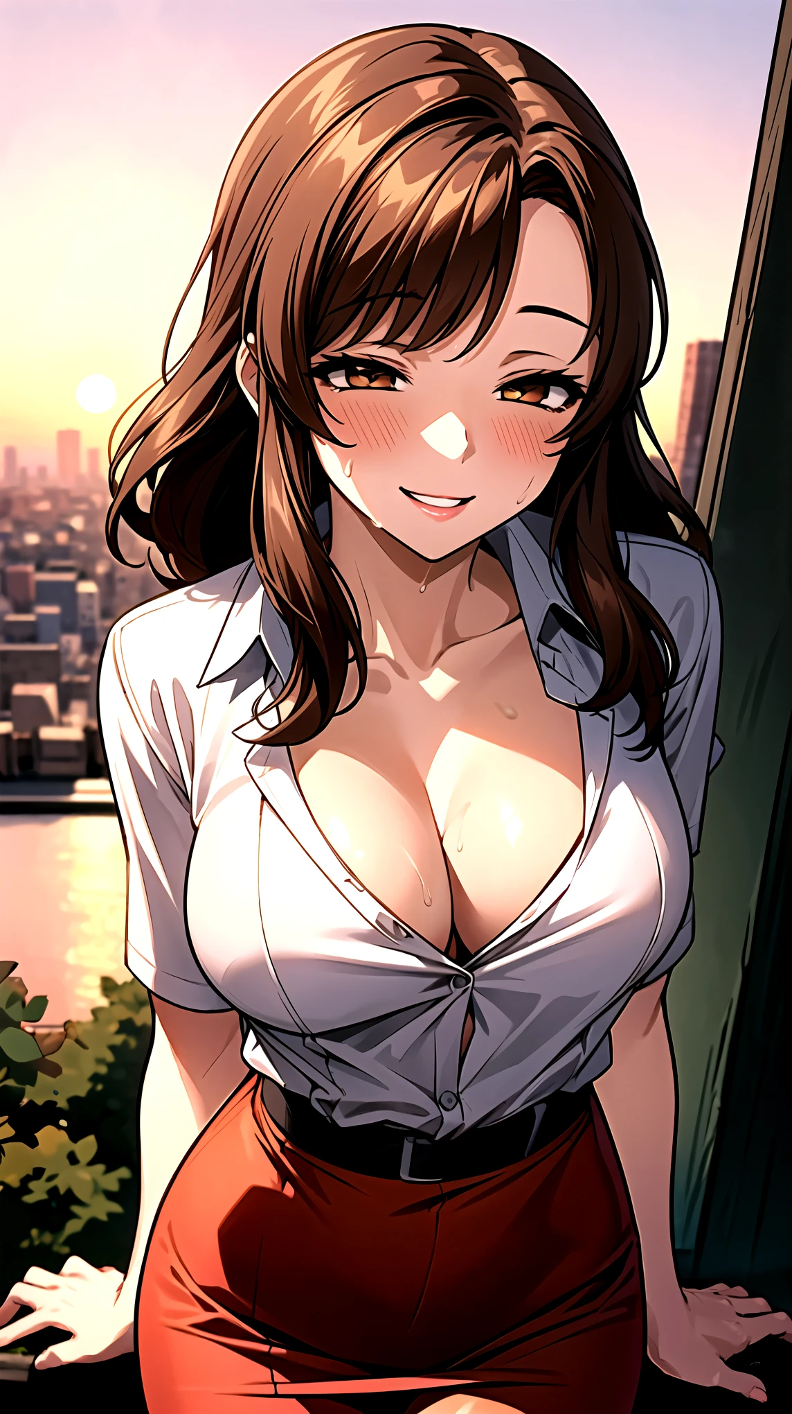 （（super high quality,Ultra-high resolution,16K,super masterpiece,Ultra HD ,Detailed shading,））On top of a hill lit by the setting sun,One sexy mature woman,（（popped Tight collar Pink shirts,Cleavage,））,Red pencil skirt,Looking into the camera,Brown medium long hair,smile,blush,Thick lips,Sweaty,