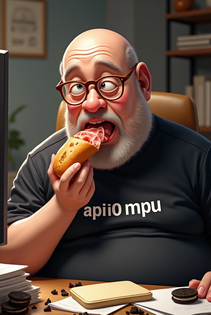 white male, aged 50, very bald, cheeky, Scrawny, but very pot-bellied, smooth and wrinkled face, wearing glasses, eating baguette with lots of ham, leaning against a cluttered computer desk, stacks of papers, Oreo crumbs and cookies. Wearing a black shirt with the phrase APOI0 MPU
