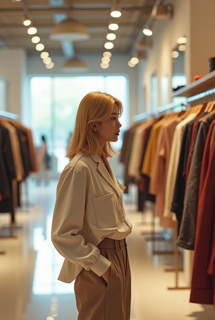 Blonde Chinese woman in a clothing store 