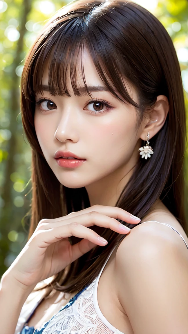 1 female, close up of face, Medium chest, light brown hair, dull bangs, hair behind the ear, shoulder hair, long hair, slender body shape, Extra-fine face, thin face, delicate lips, beautiful eyes, light blush, eyes are light brown, perfect shiny skin, perfect skin, Shining sweat,take a look here, ultra thin hands, extra thin fingers, Optimal ratio of 4 fingers and 1 thumb, (realistic:1.3), finger extension, see-through white blouse. broad-leaved forest, one person'point of view, fujifilm, f/1.2, 8K, table top, nffsw, Super detailed, high quality, 最high quality, High resolution,