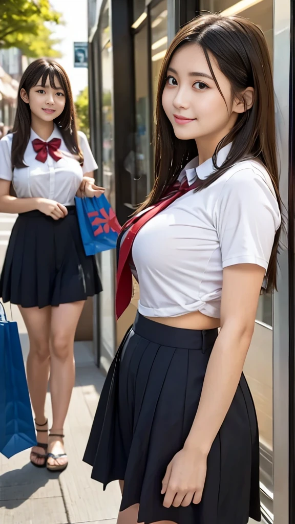 Two busty high school girls are photographed shopping in a downtown area, their breasts about to spill out of their summer uniforms