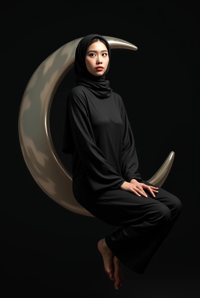 (photorealism:1.2), Asian woman with curve body, wearing hijab, black pajamas, medium, sitting on a crescent moon veil on a plain black background