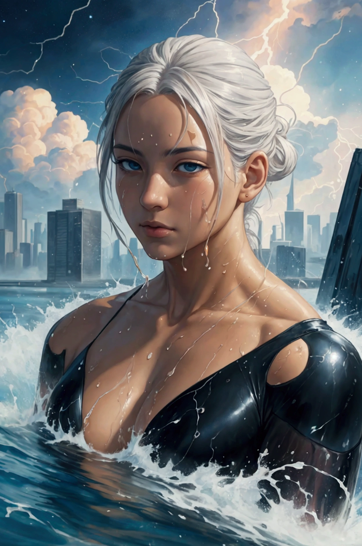 Abstract face in a city landscape, Realist paintings by Marc English , [:Anime Line Art:0.2], The theme is celestial bodies, heat, lightning, and water., epic splash art , Self-sastructing art, , Abstract