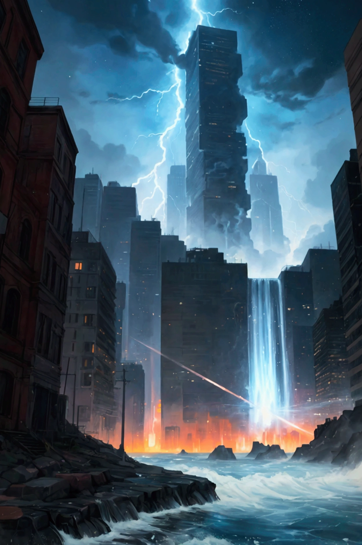 Abstract face in a city landscape, Realist paintings by Marc English , [:Anime Line Art:0.2], The theme is celestial bodies, heat, lightning, and water., epic splash art , Self-sastructing art, , Abstract