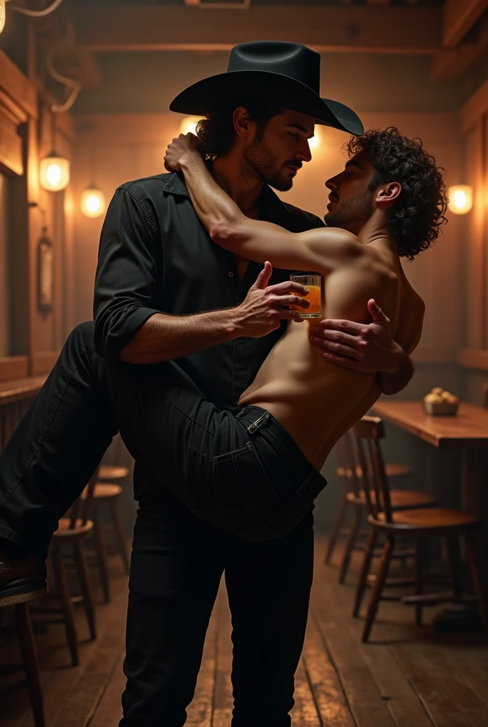 A handsome man in black clothes and a black cowboy hat carries a cute young man who is shirtless and has a drink in his hand in a cowboy bar bed