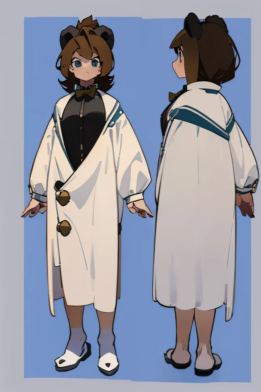 character sheet, full body view from various angles, character character,A voluptuous girl with an android appearance, bear ears, bear paws, blue eyes, long brown hair, round face, beautiful, big chest, big hips, fat thighs, sharp teeth, evening wear,suit elegante smoking, slippers dress, bow tie on his neck, white button-down shirt, cotton tail, huge black claws on his hands
