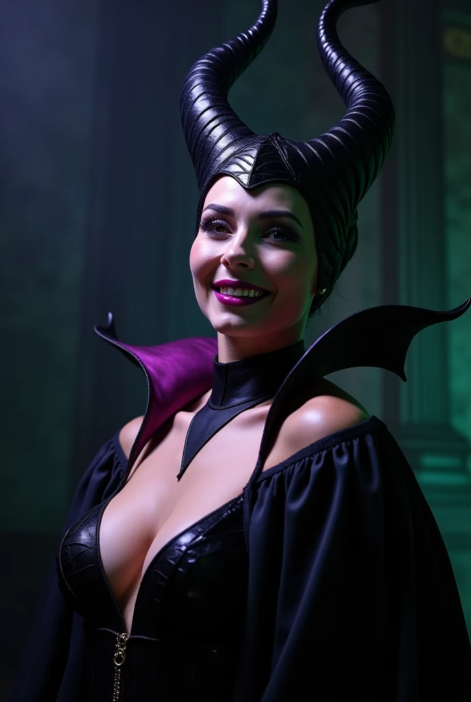 A stunning portrait of Maleficent, emphasis on her horns, extra long horns, purple highlights, purple reflected light, in the nude, young and beautiful, hyper realistic, real portrait, backlit, exquisite features, cleavage, sexy, seductive, unnatural light, soft light, location is the interior of a dungeon, green light, eerie, purple highlights:1.4, she is smirking, she is busty, her chin is raised, looking down at viewer, low angle shot, exquisite features, exotic, high cheekbones, show her full horns, her head is tilted back in laughter, leaning forward, her breasts spilling out unabashedly