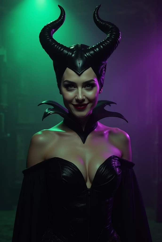 A stunning portrait of Maleficent, emphasis on her horns, extra long horns, purple highlights, purple reflected light, in the nude, young and beautiful, hyper realistic, real portrait, backlit, exquisite features, cleavage, sexy, seductive, unnatural light, soft light, location is the interior of a dungeon, green light, eerie, purple highlights:1.4, she is smirking, she is busty, her chin is raised, looking down at viewer, low angle shot, exquisite features, exotic, high cheekbones, show her full horns, her head is tilted back in laughter, leaning forward, her breasts spilling out unabashedly 