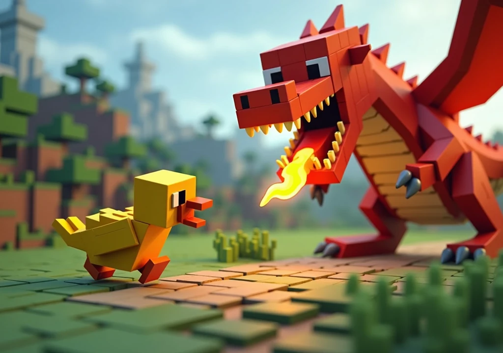 a Minecraft duck running away from a fire breathing dragon, Horizontal image.