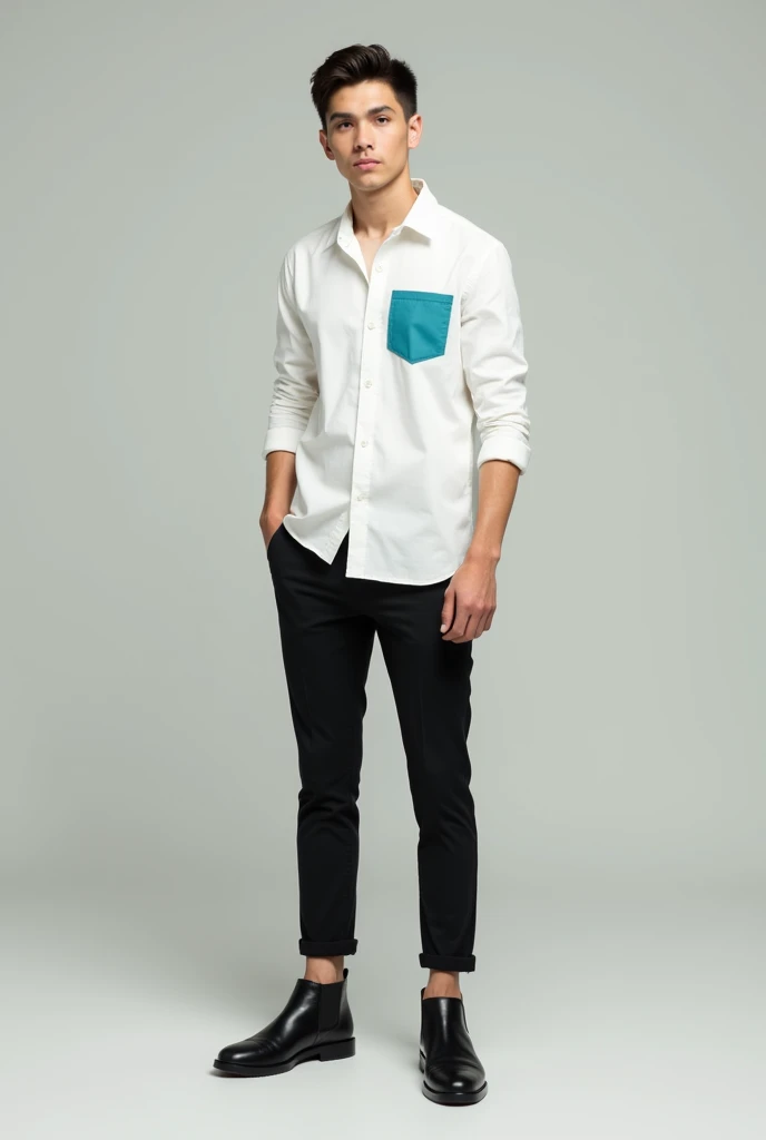 Young man wearing a white 3-quarter sleeve Columbia-style shirt with turquoise blue detail on the pocket, black pants , black booties