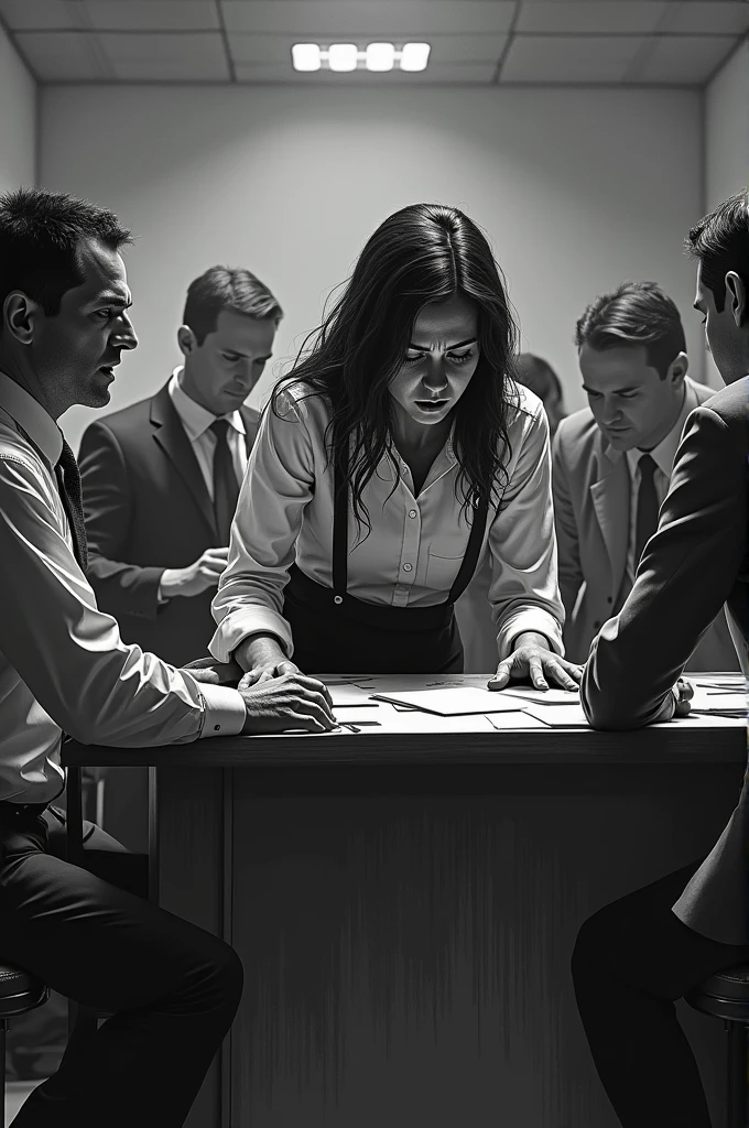 A distorted dramatic scene of a person in his exhausted work environment, can&#39;t stand working in your underpaid job as a receptionist anymore, seated customers pointing at this person, the boss calling that person&#39;s attention, the whole scene in black and white, only the main person colored.