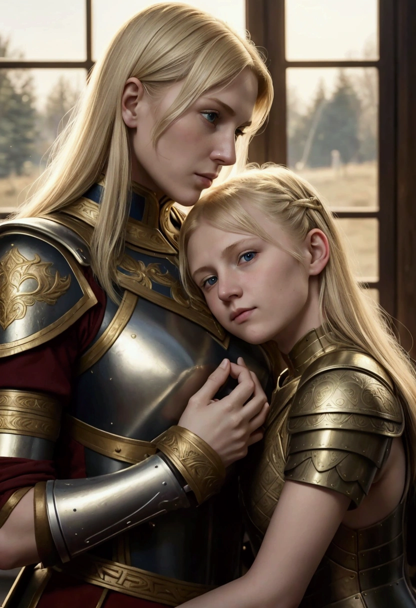 russian family, mom and daughter, mom with short hair, general, blondes, perfect face, roman armor, protect her daughter, daughter with long hair, lesbians intimacy