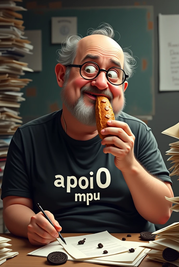 white male, aged 50, very bald, cheeky, Scrawny, but very pot-bellied, beardless and wrinkled face, wearing glasses, eating baguette with lots of ham, leaning against a cluttered computer desk, stacks of papers, Oreo crumbs and cookies. Wearing a black shirt with the phrase APOI0 MPU