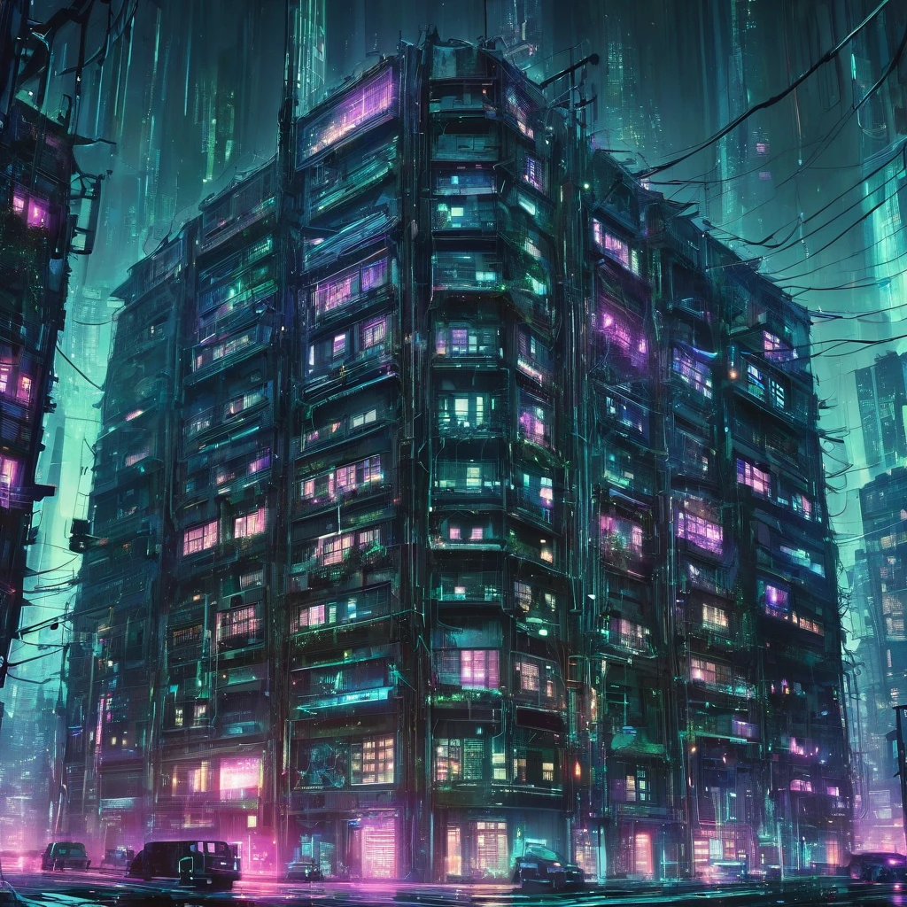 cyber punk cyber punkアート A large building in the center Multiple buildings A building filled with secret machines Building with tangled wires The building is dimly lit Light leaks from the multiple windows The windows are randomly placed Below the building are rows of abandoned buildings. Multiple utility poles Tangled wires Beautiful picture Exquisite illustrations wonderful