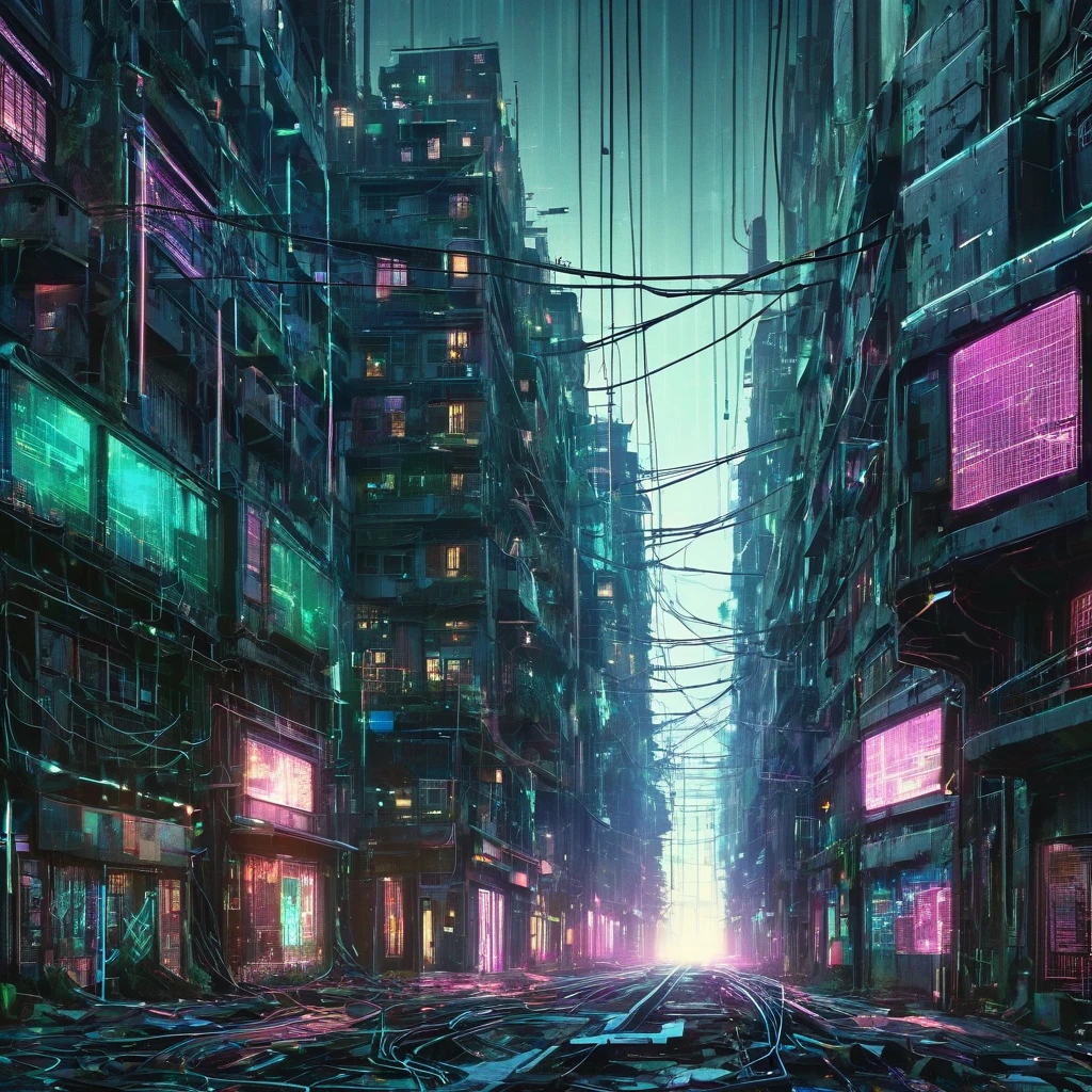 cyber punk cyber punkアート A large building in the center Multiple buildings A building filled with secret machines Building with tangled wires The building is dimly lit Light leaks from the multiple windows The windows are randomly placed Below the building are rows of abandoned buildings. Multiple utility poles Tangled wires Beautiful picture Exquisite illustrations wonderful