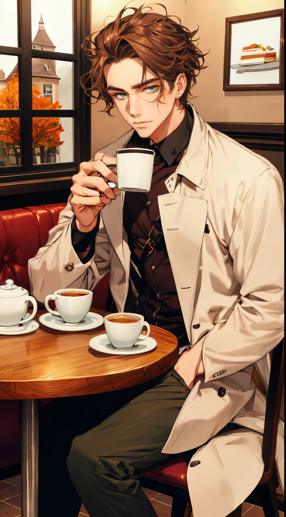 (Masterpiece, hiquality, absurdress), 1male, dark hair, Wavy Hair, The eyes are green, a perfect face, sports body, solo,  Male body, male focus, Detailed eyes and face,  Cozy café, lots of flowers, a table, Drinking coffee, Eat Cake, sitting at a table in a café, Take a selfie, overcoat, shirt, pants, Shoes, Romantic setting, Autumn outside the window