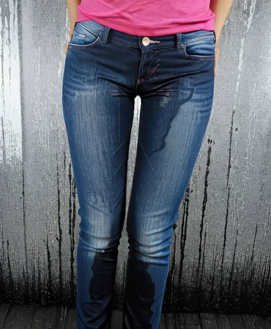 Slim sexy girl, in jeans, and pink t-shirt, wetting her jeans, small dark pee stain, glittering wet fabric,