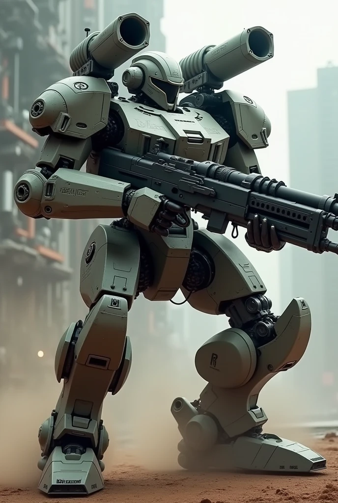 (Highest quality), Detailed Background,sf、Future Weapons、 Carried on both shoulders(100mm twin long-range gun +Large magazine)、Armed Mecha、、Armored warrior idea、Kneeling、In combat、