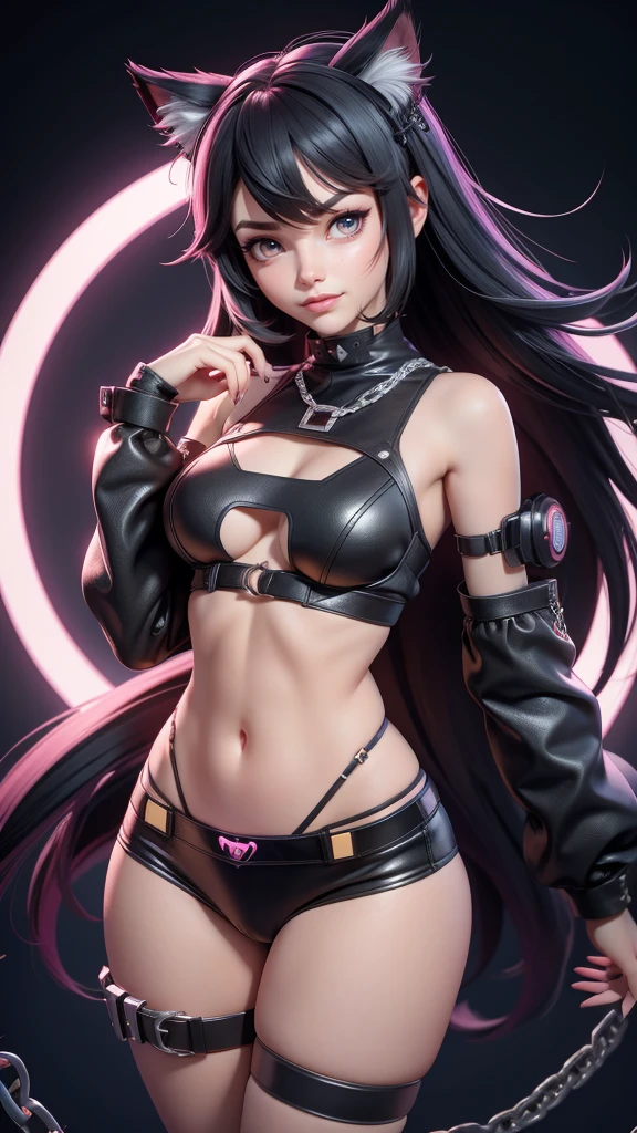 a girl in a revealing black and white underwear with a cat ears and a chain around her, seductive anime girl, showing lots of skin, skimpy underwear, cyberpunk anime girl, anime cyberpunk art, female cyberpunk anime girl, female anime character, beautiful alluring anime girl, female action anime girl, with red glowing eyes, demon anime girl, anime girl, from arknights, beautiful anime catgirl, anime girl