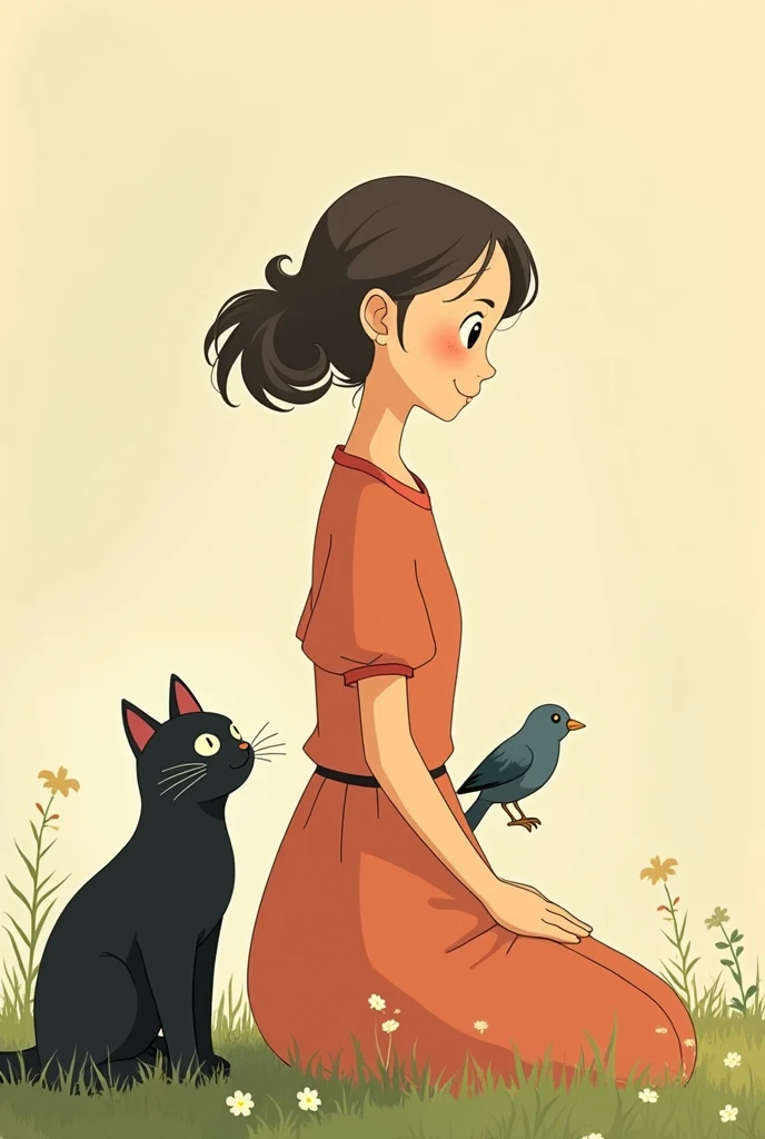 Animated scene of a woman with a cat and a bird, Scrape delivery service, Kiki's Delivery Service, Ghibli anime style, by Miyazaki, Ghibli anime style style, Miyazaki anime films, Miyazaki Movies, Studio Ghibli Anime, studio ghibli and shinkai makoto, Miyazaki Movies, Studio Ghibli Animeーション, Ghibli anime movie simple background, Ghibli-style colors, Simple eyes、The cat is black、Faint Lines