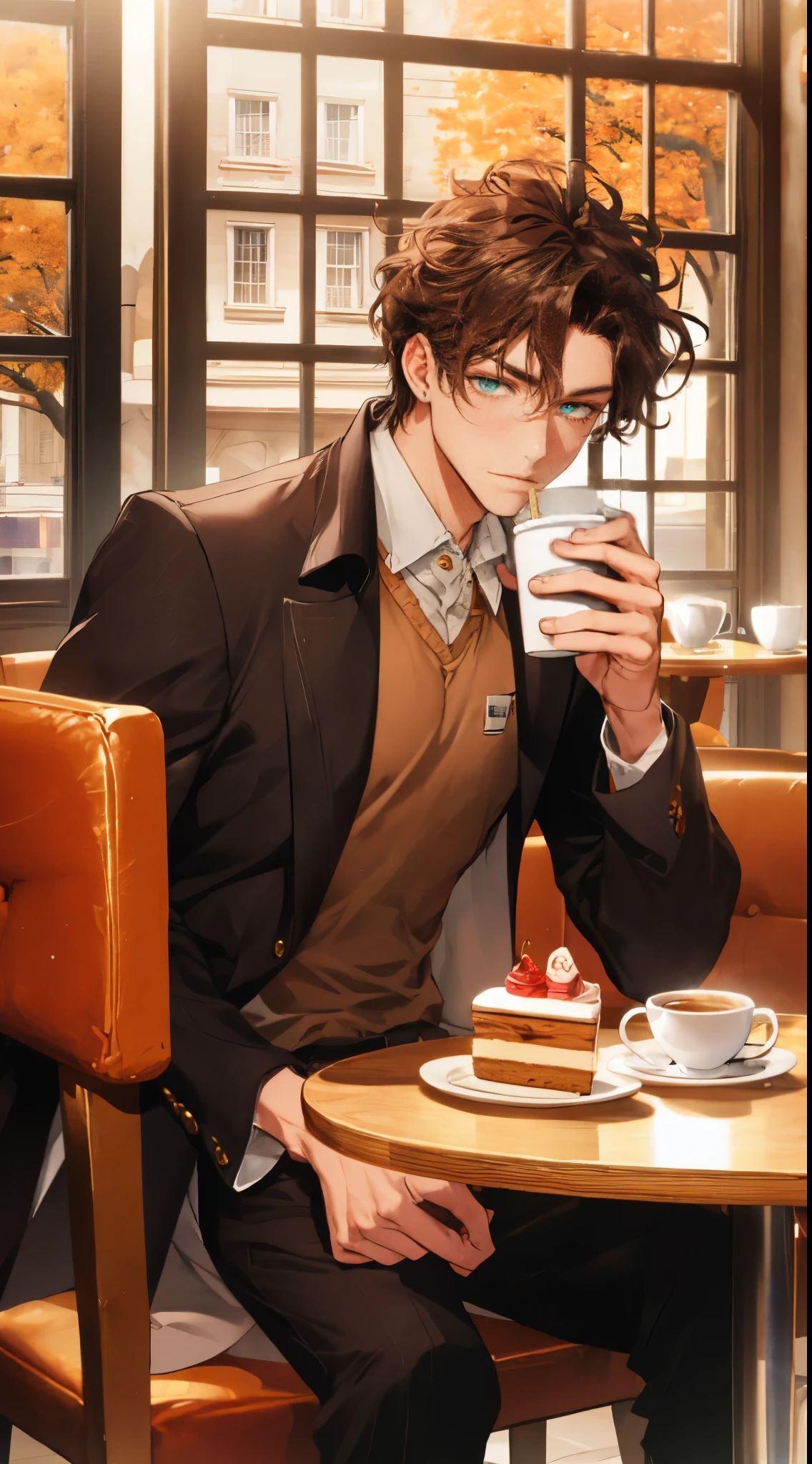 (Masterpiece, hiquality, absurdress), 1male, dark hair, Wavy Hair, The eyes are green, a perfect face, sports body, solo,  Male body, male focus, Detailed eyes and face,  Cozy café, lots of flowers, a table, Drinking coffee, Eat Cake, sitting at a table in a café, Take a selfie, overcoat, shirt, pants, Shoes, Romantic setting, Autumn outside the window