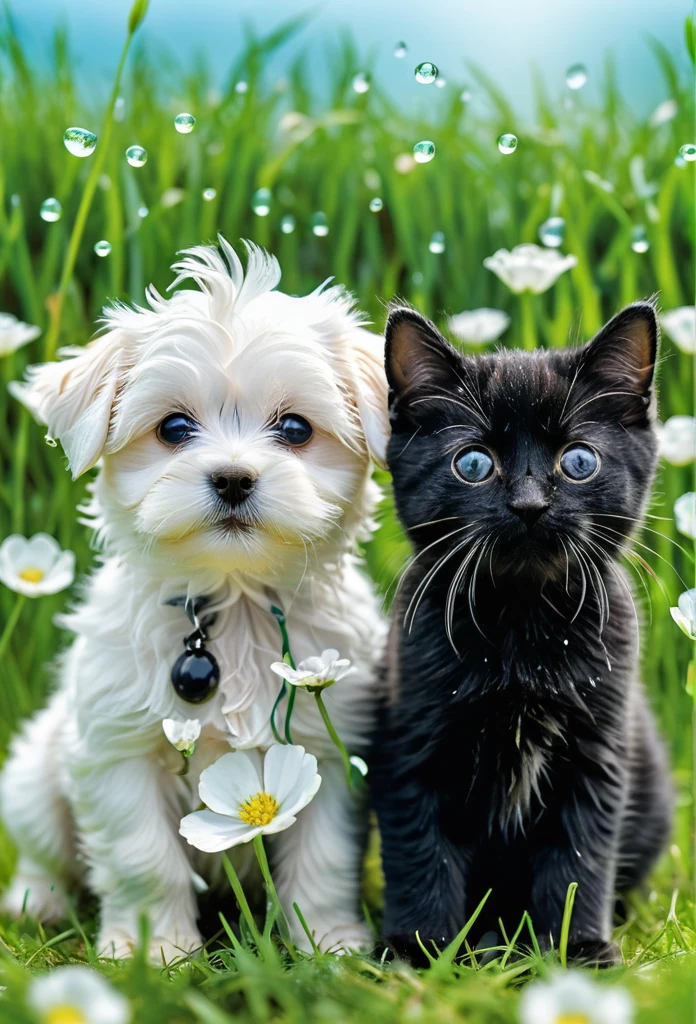 Best quality, surreal 8K stock photo, high resolution, detailed, clear silhouette, realistic 3D texture, happy expression, refreshing feeling, clear and transparent water droplets on the lens, ((1 maltese puppy and 1 black cat, friendship_delicate and intricate details: 1.2)), outdoor, grass, white wild flowers, bright,