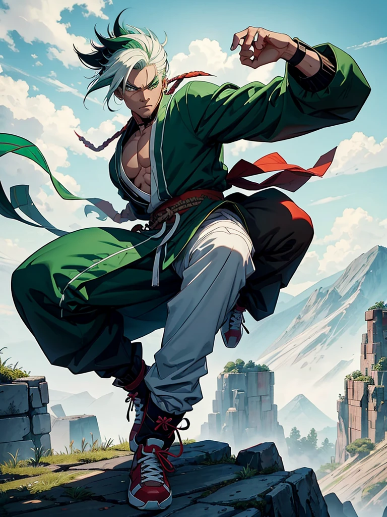 Spawn a samurai with 4 arms and brick-colored skin, with green hair and white hair. Let him be in an imposing pose and dress in baggy pants and corresponding sneakers. In addition, it must be relatively strong and located on a very high background, such as on the top of a mountain. Only 1 man. The vestiment need to be formal, like brown, night blue or black colours
