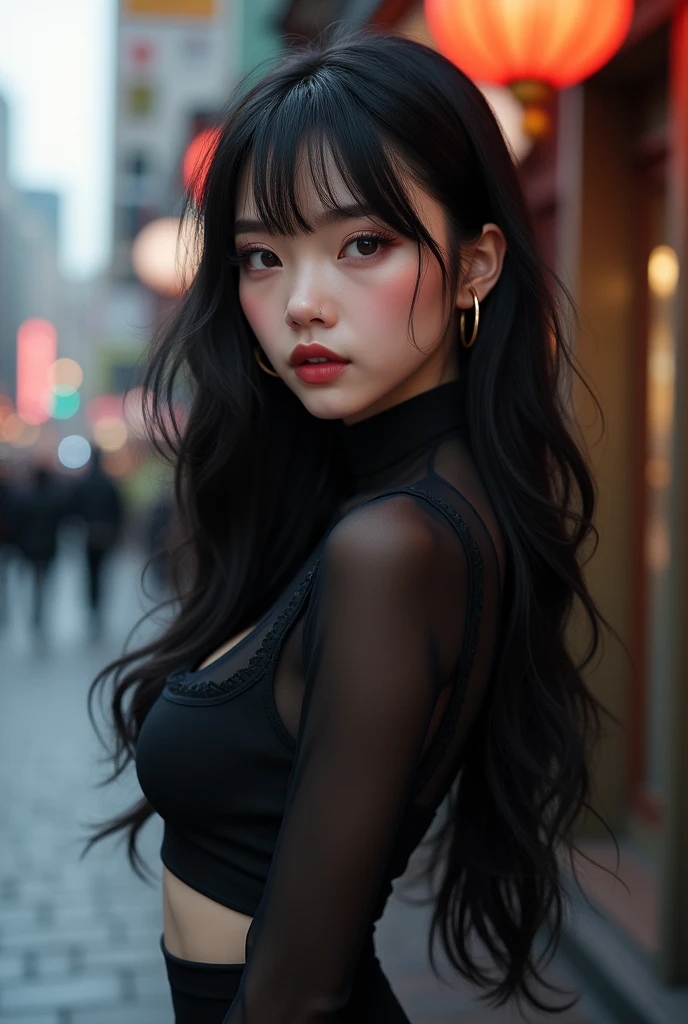 1 Asian girl aged 15, long black hair, fringe, dark, slanted eyes, an extremely striking look, fox eyes, skin fair, with spots on his nose, moles on her chin near her mouth, and a mole on her cheek, big, curved eyelashes, unique and extravagant beauty, Sensual Beauty, appears to be an idol, small and slightly round nose, hourglass body, very thin waist and flat stomach, nice and thick thighs, breasts big, round and beautiful, tight and pretty black blouse, a very short and tight black skirt, in street, very fleshy and pink mouth, beautiful ears, Youngh, PICTURE REALISTIC, 8 k quality