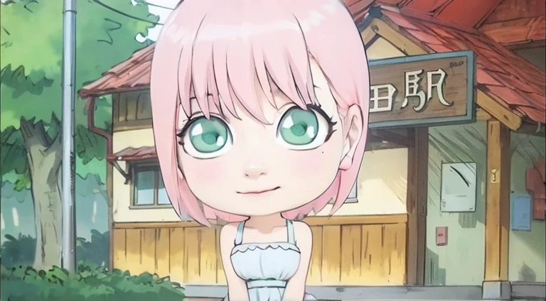 young woman, peach skin, short pink hair, wide forehead, big green eyes, buttoned nose, big pink lips, slender body, small breasts, medieval period clothing, deep neckline, Sakura Haruno, 3d
