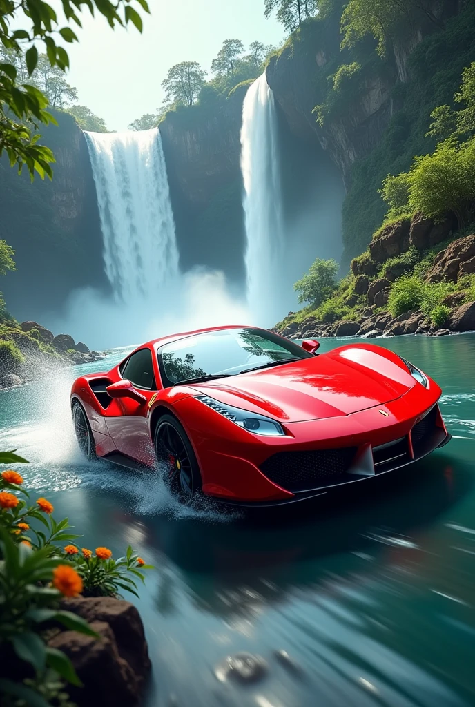 Red car and water fall
