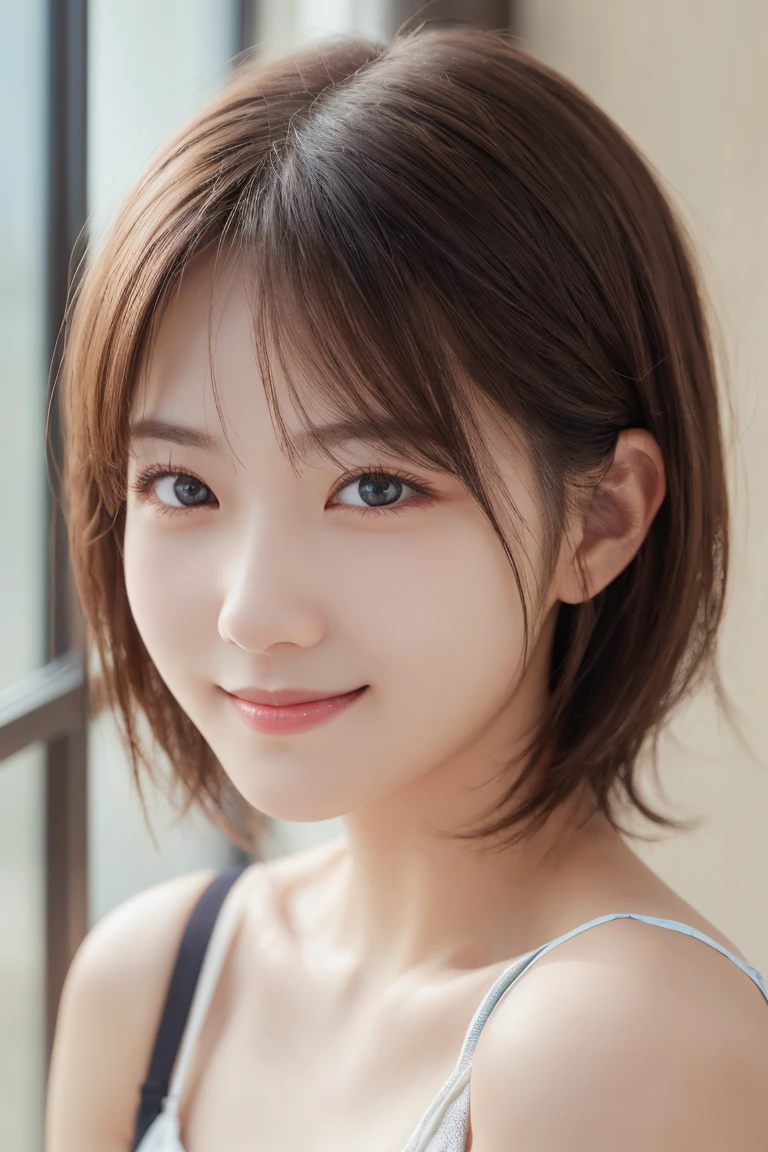 masterpiece, Highest quality, One Woman, (RAW Photos, Highest quality), (reality, Realistic:1.4), Tabletop、reality的、Stereoscopic lighting、Professional Lighting、Face Light、Smooth lighting、sexy、Sunburned skin、very detailed eyes and face, Beautiful and detailed nose, beautiful eyes, Perfect Anatomy、Bobcut、Brunette Hair 、bangs、A cool smile、Face Focus、indoor、