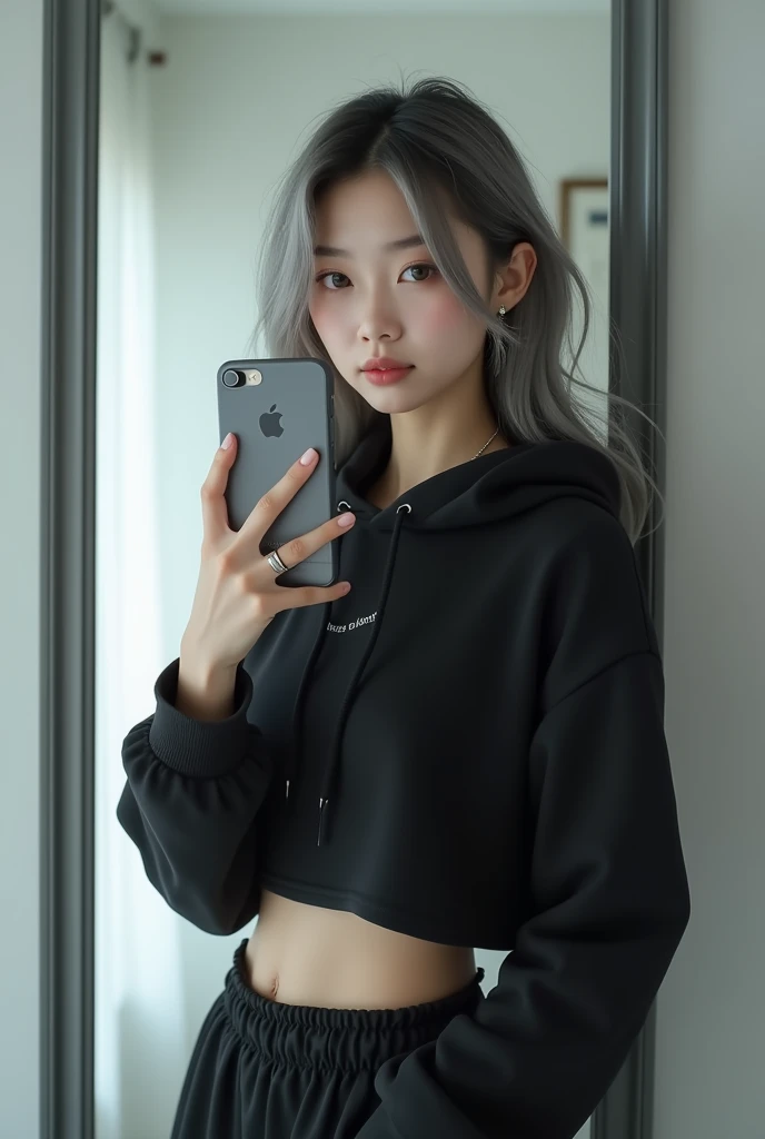 highly detailed, beautiful, hyper Realistic girl, masterpiece, best quality, Depict a mysterious and sophisticated beautiful Japanese gravure model,, 28-years-old, identity hidden, all body shot, / gray arranged hair, small head, Detailed face, cute and Pretty slim face, wide Duck mouth, perfect beautiful Tooth, arranged gray hair, shiny eyes, blue-colored eyes, Realistic skin, Detailed face, / Top: A black cropped hoodie made from soft, high-quality sweat material, cinched at the waist to reveal the navel. The hoodie is unembellished, with a high collar and zippered front, offering a clean and modern aesthetic.
Bottom: A knee-length, loose fitted skirt in matching black sweat material, designed for a sleek and simple silhouette.
Footwear: Sleek black ankle boots with subtle synthetic overlays and black Ankle boots, blending comfort with a touch of futurism.
Accessories: A thin, simple silver necklace at the neck, complemented by delicate silver bracelets on the wrists and small silver stud earrings, all understated and refined to maintain the minimalist vibe. //// simple white single room, gray frame mirror, complicated background /// takes a selfie in her room using a smartphone in front of a mirror with one hand, standing and sexy Posing, all body below shot, focus shoes, looking away from the camera,