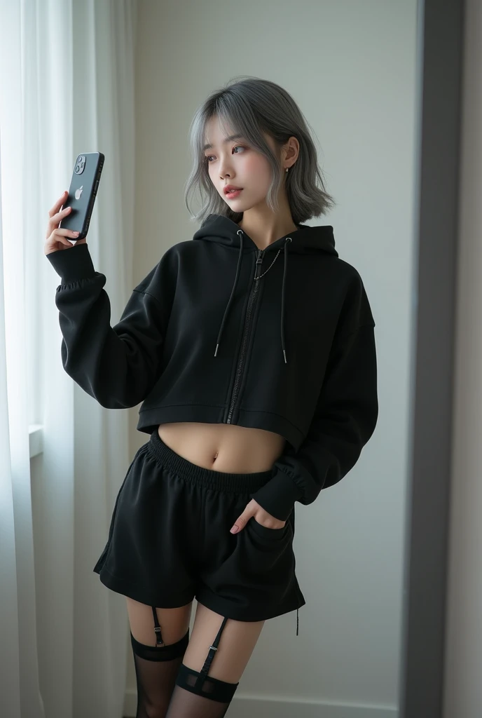 highly detailed, beautiful, hyper Realistic girl, masterpiece, best quality, Depict a mysterious and sophisticated beautiful Japanese gravure model,, 28-years-old, identity hidden, all body shot, / gray arranged hair, small head, Detailed face, cute and Pretty slim face, wide Duck mouth, perfect beautiful Tooth, arranged gray hair, shiny eyes, blue-colored eyes, Realistic skin, Detailed face, / Top: A black cropped hoodie made from soft, high-quality sweat material, cinched at the waist to reveal the navel. The hoodie is unembellished, with a high collar and zippered front, offering a clean and modern aesthetic.
Bottom: A knee-length, loose fitted skirt in matching black sweat material, designed for a sleek and simple silhouette.
Footwear: Sleek black ankle boots with subtle synthetic overlays and black Ankle boots, blending comfort with a touch of futurism.
Accessories: A thin, simple silver necklace at the neck, complemented by delicate silver bracelets on the wrists and small silver stud earrings, all understated and refined to maintain the minimalist vibe. //// simple white single room, gray frame mirror, complicated background /// takes a selfie in her room using a smartphone in front of a mirror with one hand, standing and sexy Posing, all body below shot, focus shoes, looking away from the camera,