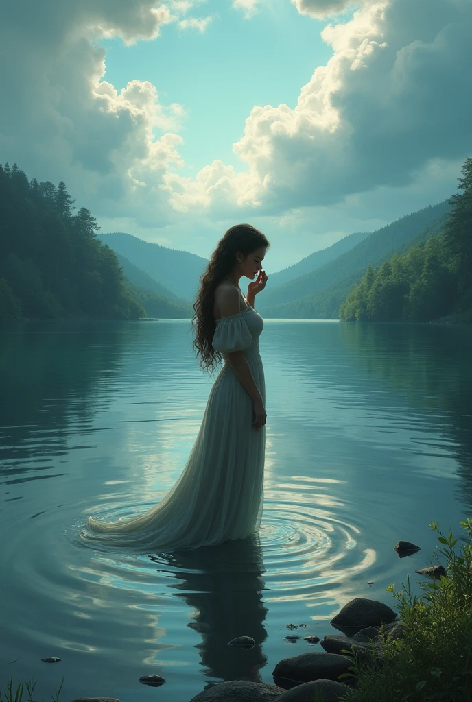Rona wipes her tears, realizing the impact her sadness has on the lake and the environment. She stands up with determination, and a small smile begins to form on her face. The sky starts to clear up, with sunlight breaking through the clouds.