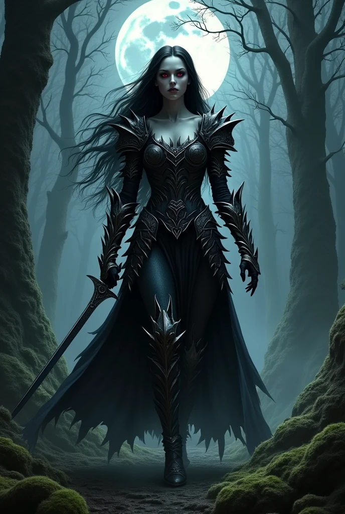 A terrifying vampire woman in the forest dressed as a warrior on a full moon night