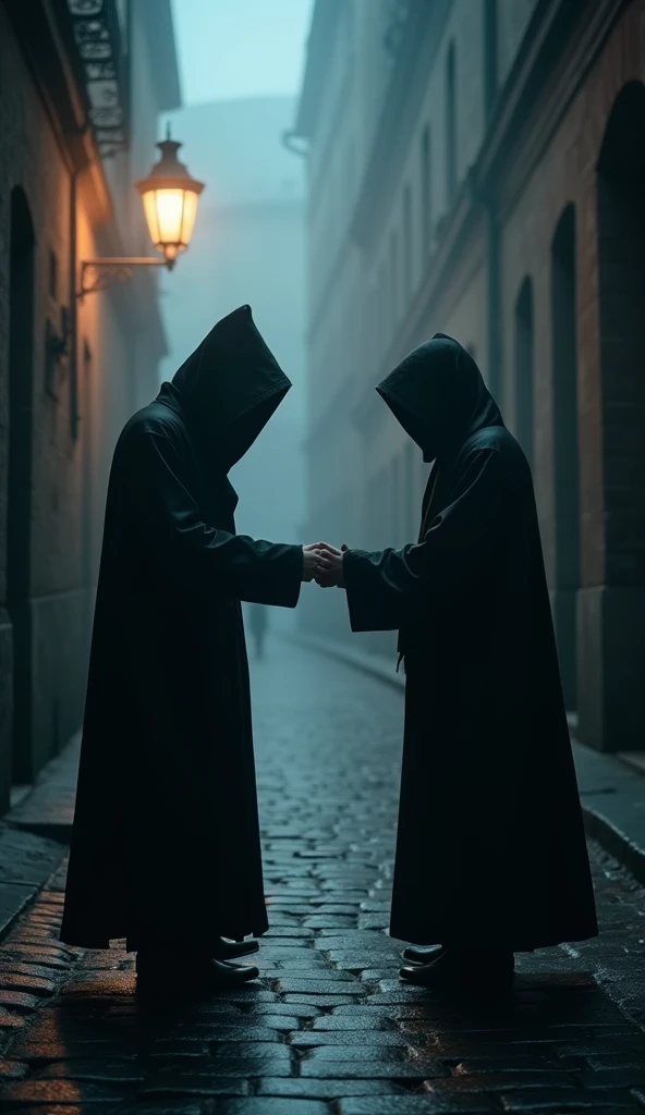 Close-up shot, Low angle shot, (A dark, narrow alleyway in a European city at night, shrouded in fog. A cloaked figure, representing an Illuminati member, slips a sealed letter into the hand of ther shadowy figure. The scene is lit only by the dim glow of a distant lantern, casting long shadows on the wet cobblestone street. The air is thick with secrecy, and the exchange is quick and furtive, with both figures glancing around cautiously. The atmosphere is tense and filled with a sense of danger.) unreal engine, cinematic, hyper-real, highly detailed, Ultra realistic HD --q 2 --v 6.1 --ar 9:16