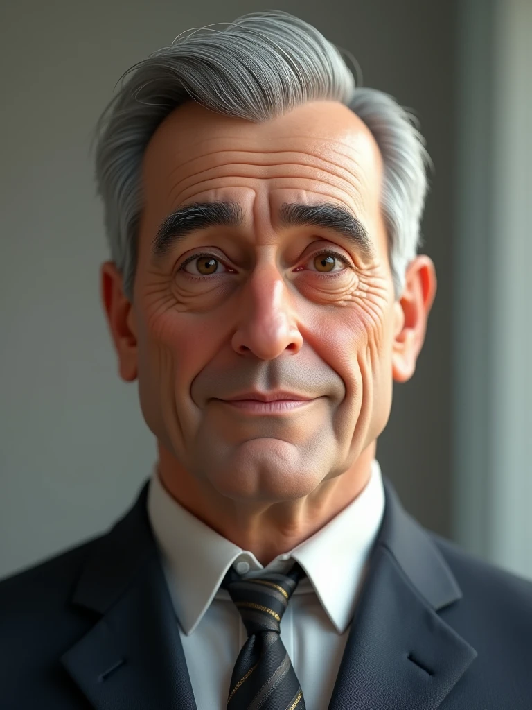 Create a 3D style character, of a 6 man, brown eyes, short gray hair, with a normal mouth, a big and airy nose, thick shadows, wearing dress clothes
