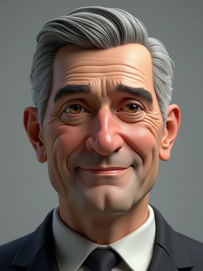 Create a 3D style character, of a 6 man, brown eyes, short gray hair, with a normal mouth, a big and airy nose, thick shadows, wearing dress clothes