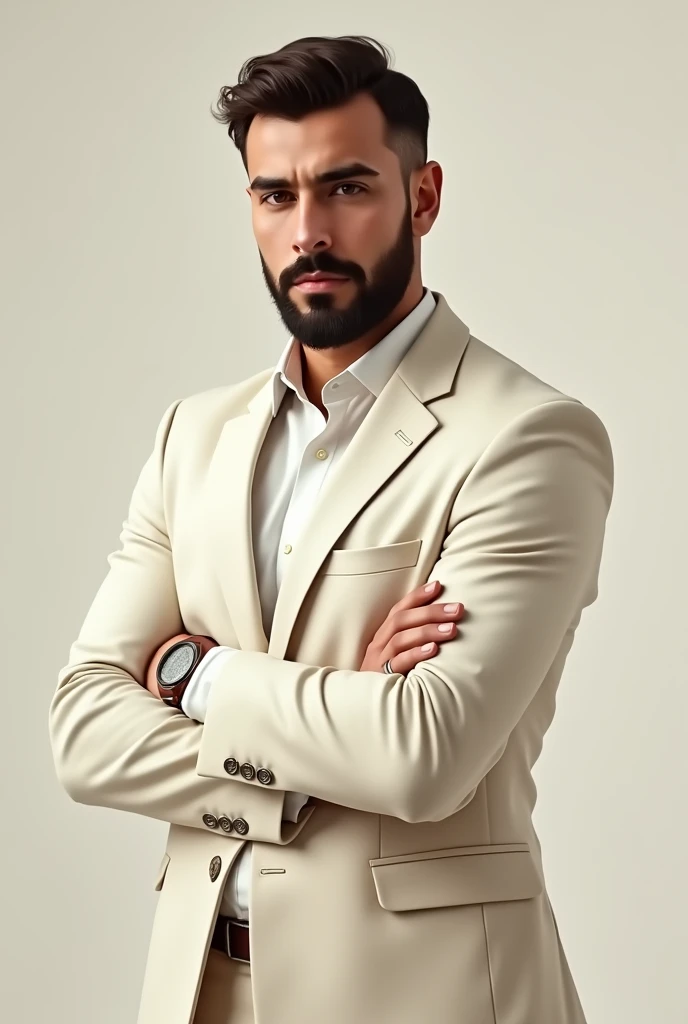 a male character, offwhite, short brown hair with a traditional cut, Brown suit, dark brown eyes, beard like glasses, broadshouldered, not very muscular, chic, at the height of 24 years, TURKISH
