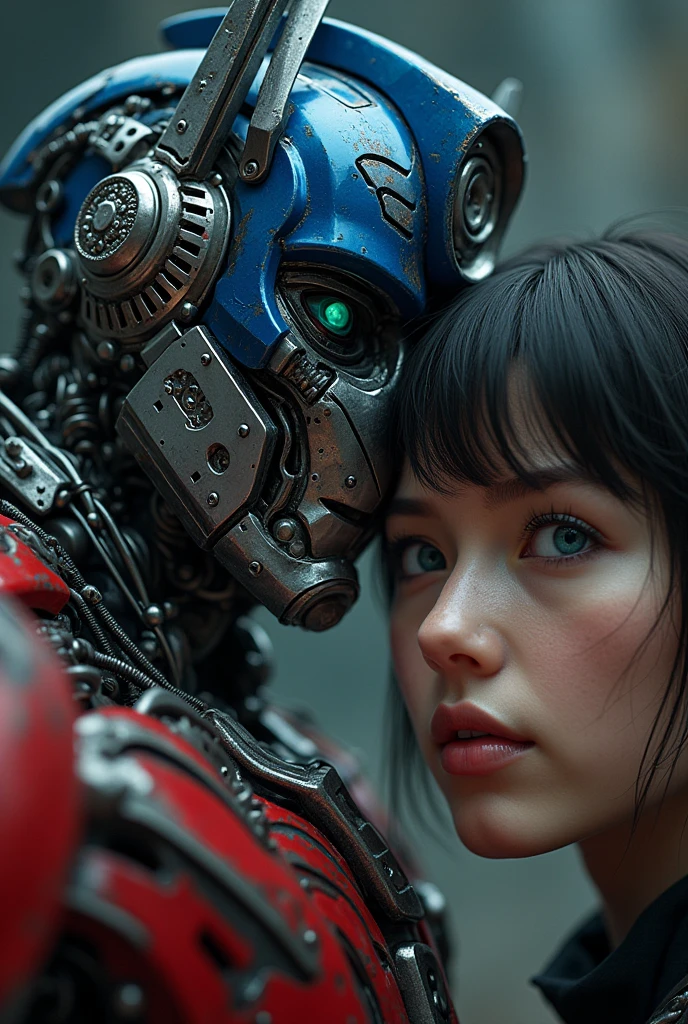 A detailed, highly realistic, and visually stunning portrait of Optimus Prime from the Transformers franchise, with the addition of an AI-inspired girl with short hair and heterochromia (different colored eyes). The image is a masterpiece, rendered in high resolution with exceptional detail and quality.