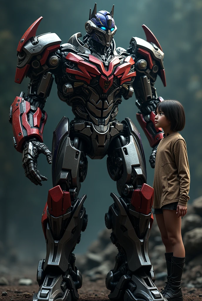 A detailed, highly realistic, and visually stunning portrait of Optimus Prime from the Transformers franchise, with the addition of an AI-inspired girl with short hair and heterochromia (different colored eyes). The image is a masterpiece, rendered in high resolution with exceptional detail and quality.