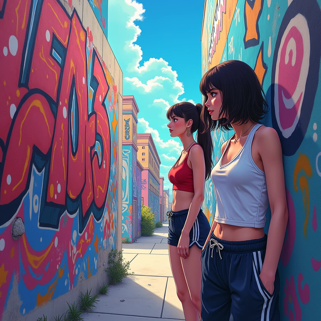 (Best Quality), masterpiece, Extremely detailed CG uniform 8K illustration, high color, extremely high color saturation, all the colors deepened, smart, graffiti art, center composition, extremely detailed lights and shadows, graffiti wall, wall smarted bright, 1 girl graffiti 1 girl looking at the wall, Extremely detailed face and eyes, Medium long hair, sportswear, colored clouds