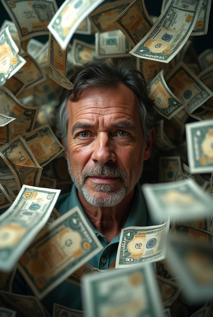photo of a man surrounded by money with the notes written th