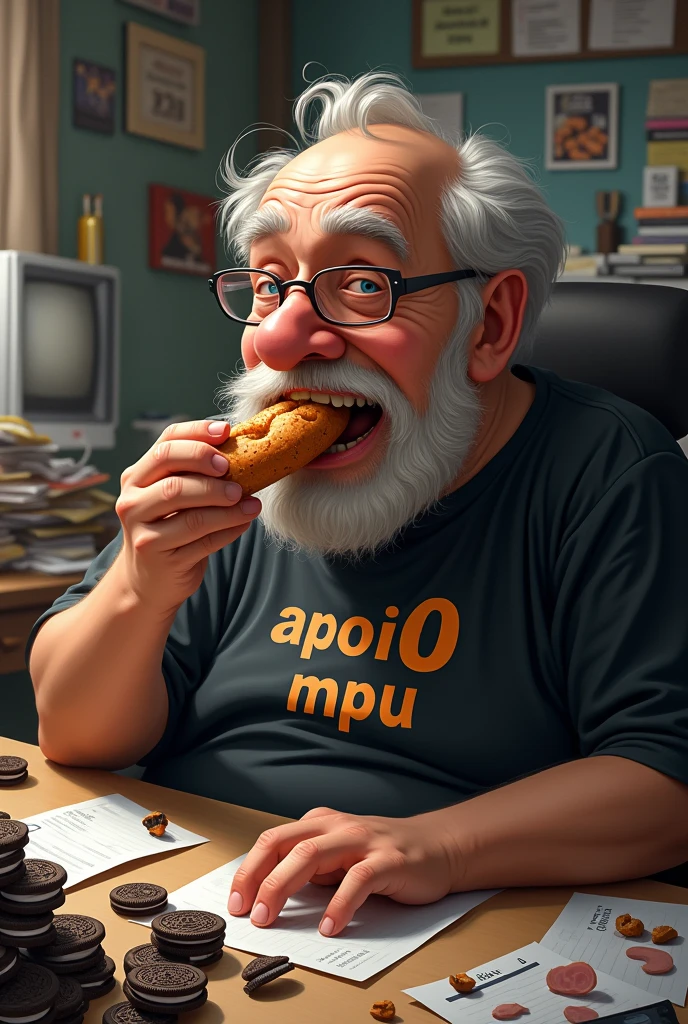 white male, aged 50, baldie, cheeky, Scrawny, but very pot-bellied, wrinkled face, wearing glasses, eating baguette with ham, leaning against a cluttered computer desk, stacks of papers, Oreo crumbs and cookies. Wearing a black shirt with the phrase APPOIO MPU