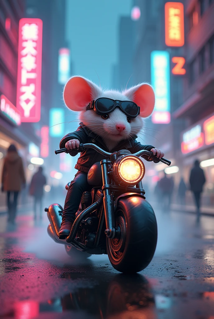 A mouse drive bike in city with neon light  and people are walking on side with fog