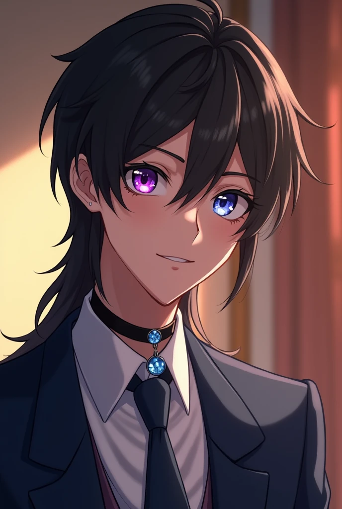 Boy between 18 and 20 years old with long straight black hair, Blue heterochromia in the right eye and violet in the left eye. With a dark blue formal suit, A gentlemanly personality and a kind smile with a black choker with a 5cm round translucent blue pendant attached to the necklace, animated style