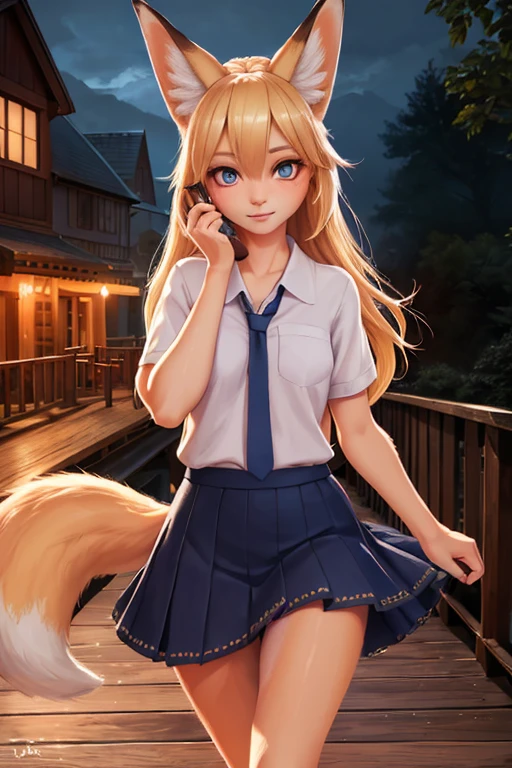 1 girl, blonde hair, animal ear hair, fox girl, multiple fox tails, oripathy injury, flared summer skirt, holding her own tail, hairbrush, jumping excitedly, wooden pedestrian bridge, (best quality,4k,8k,highres,masterpiece:1.2),ultra-detailed,(realistic,photorealistic,photo-realistic:1.37),detailed eyes,detailed lips,extremely detailed eyes and face,long eyelashes,digital painting,vibrant colors,dramatic lighting,cinematic composition