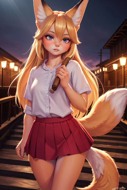 1 girl, blonde hair, animal ear hair, fox girl, multiple fox tails, oripathy injury, flared summer skirt, holding her own tail, hairbrush, jumping excitedly, wooden pedestrian bridge, (best quality,4k,8k,highres,masterpiece:1.2),ultra-detailed,(realistic,photorealistic,photo-realistic:1.37),detailed eyes,detailed lips,extremely detailed eyes and face,long eyelashes,digital painting,vibrant colors,dramatic lighting,cinematic composition