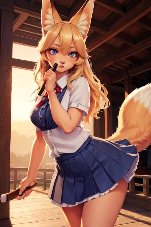 1 girl, blonde hair, animal ear hair, fox girl, multiple fox tails, oripathy injury, flared summer skirt, holding her own tail, hairbrush, jumping excitedly, wooden pedestrian bridge, (best quality,4k,8k,highres,masterpiece:1.2),ultra-detailed,(realistic,photorealistic,photo-realistic:1.37),detailed eyes,detailed lips,extremely detailed eyes and face,long eyelashes,digital painting,vibrant colors,dramatic lighting,cinematic composition