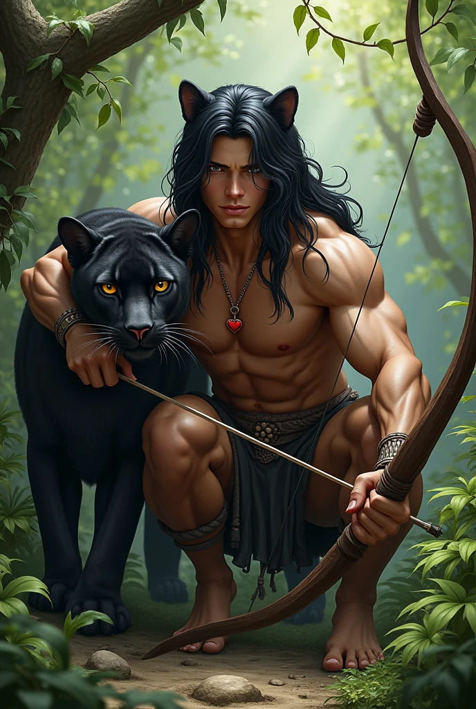 Handsome young man with tanned skin, very masculine facial features, with black hair down to the ground. He is shirtless. He has a human head., arms and torso, and legs like a faun with hooves. He has a red heart pendant on his .. There are panther ears on the head. It is very beautiful. He squats in a thicket of ferns and shoots a bow.. Next to him is a kind black panther.